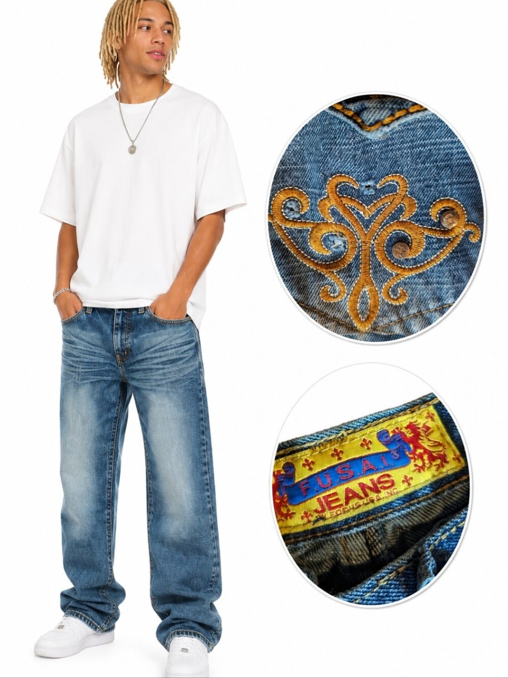 Vtg Y2K FUSAI straight leg blue jeans embellished back button pockets W28 L28